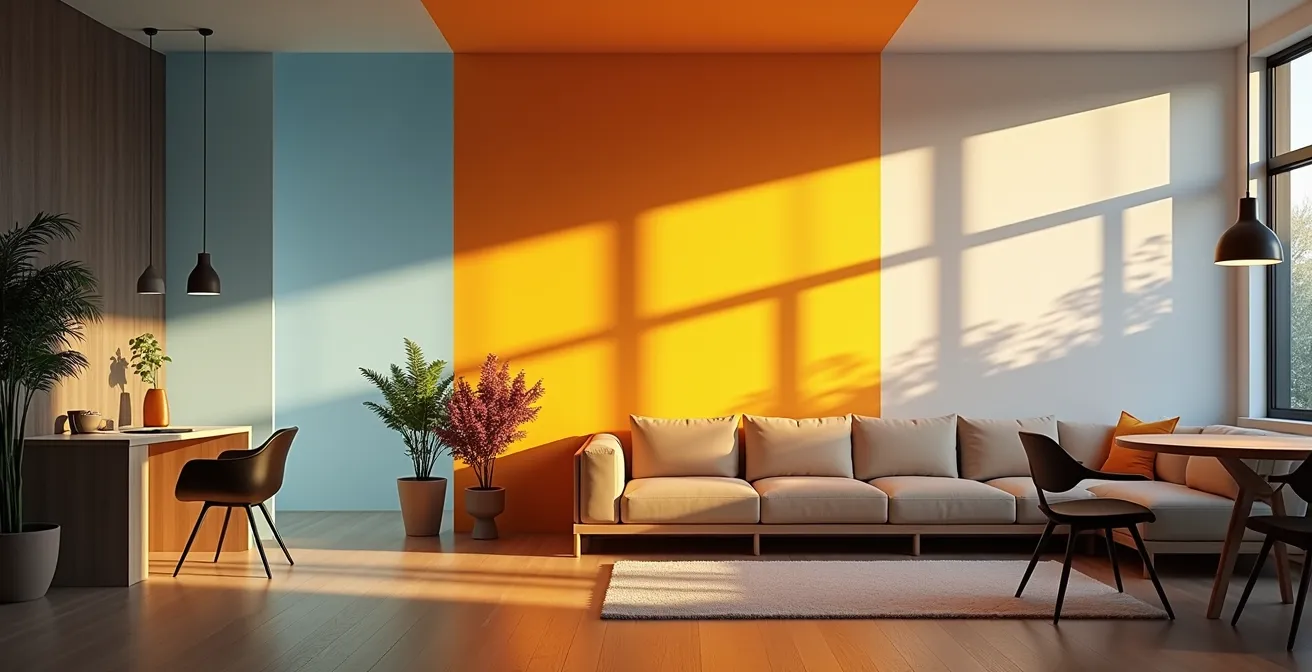 Wohnraum mit unterschiedlichen Lichtzonen und Farbtemperaturen, die funktionale Bereiche definieren