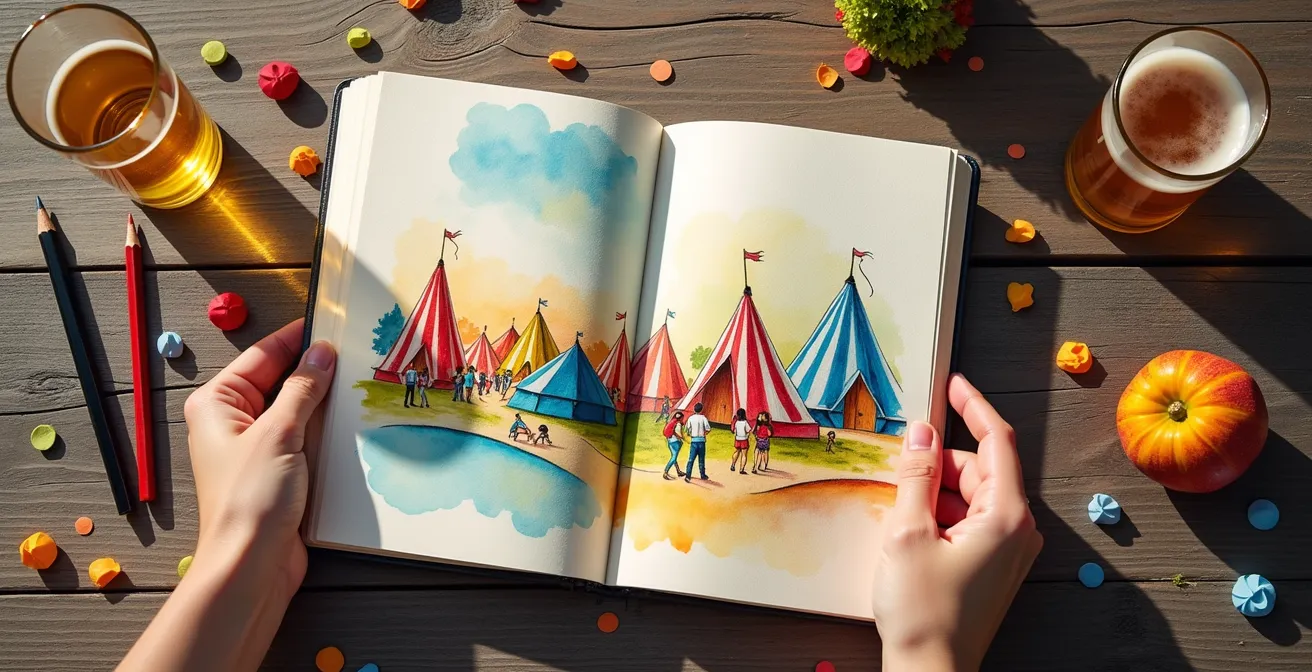 Hände halten ein aufgeschlagenes Skizzenbuch mit bunten Zeichnungen eines Dorffestes