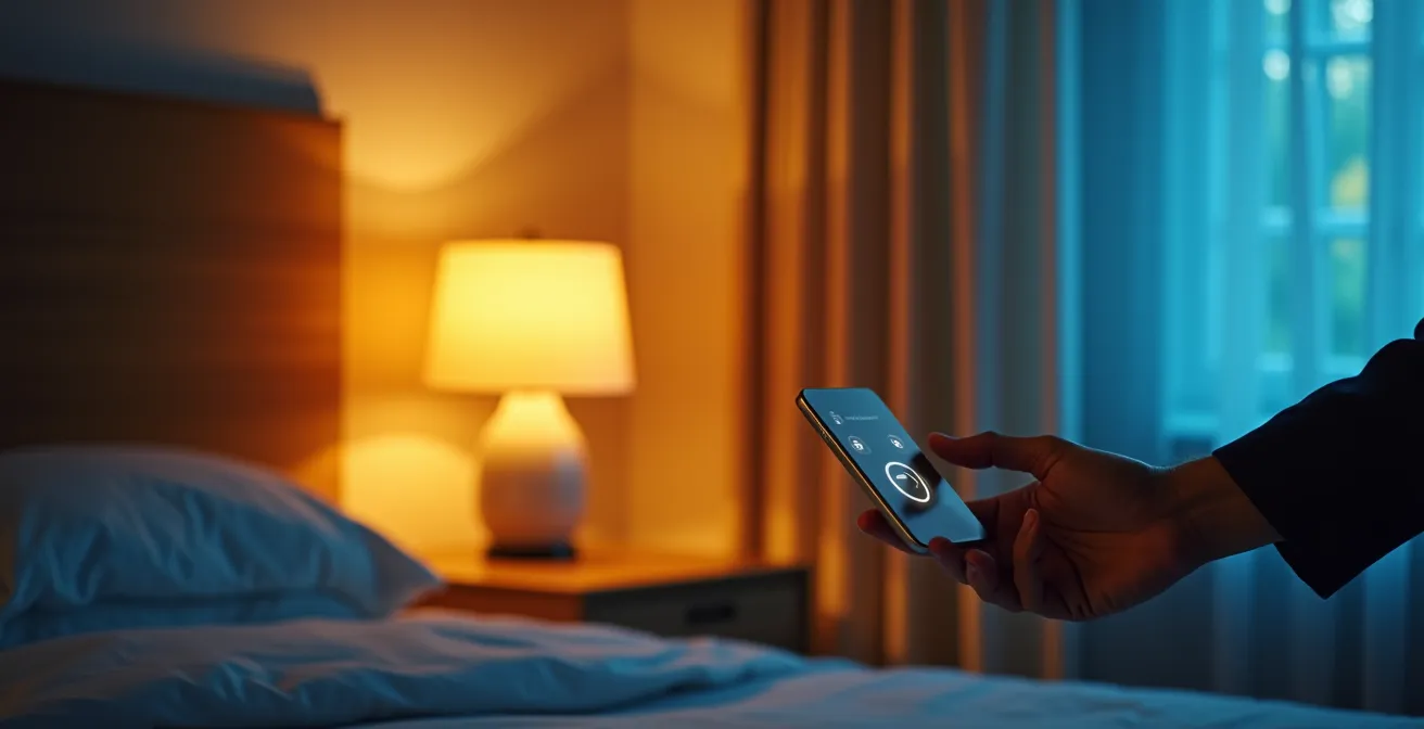 Modernes deutsches Schlafzimmer mit intelligenter Lichtsteuerung und warmer Abendbeleuchtung