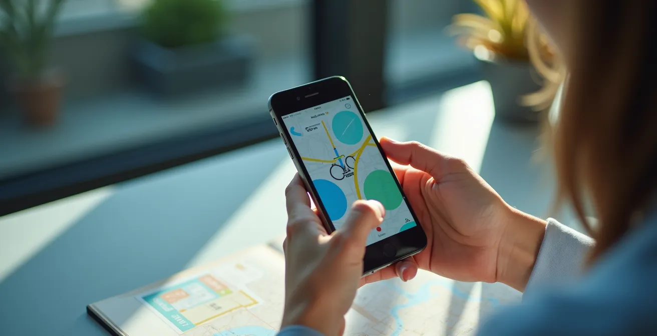 Hand hält Smartphone mit verschiedenen Mobilitätsoptionen auf abstraktem Stadtplan