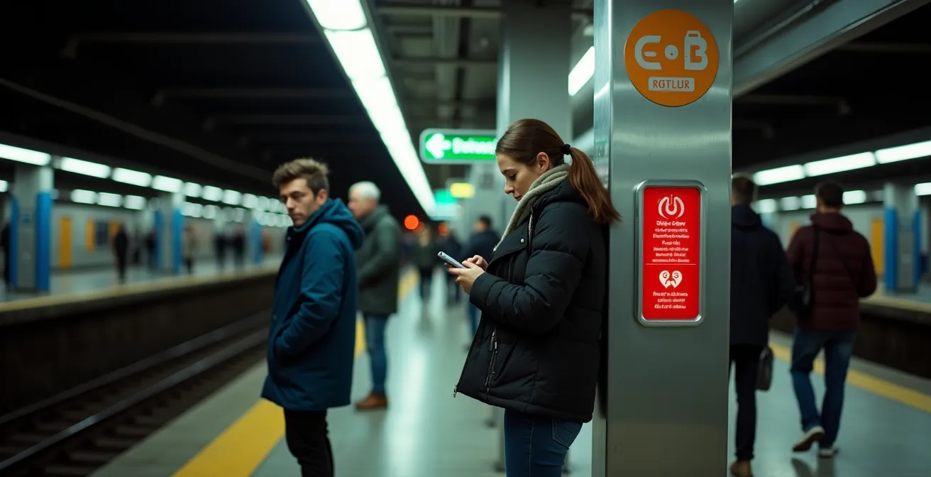 Beleuchtete U-Bahn-Station bei Nacht mit wartenden Fahrgästen