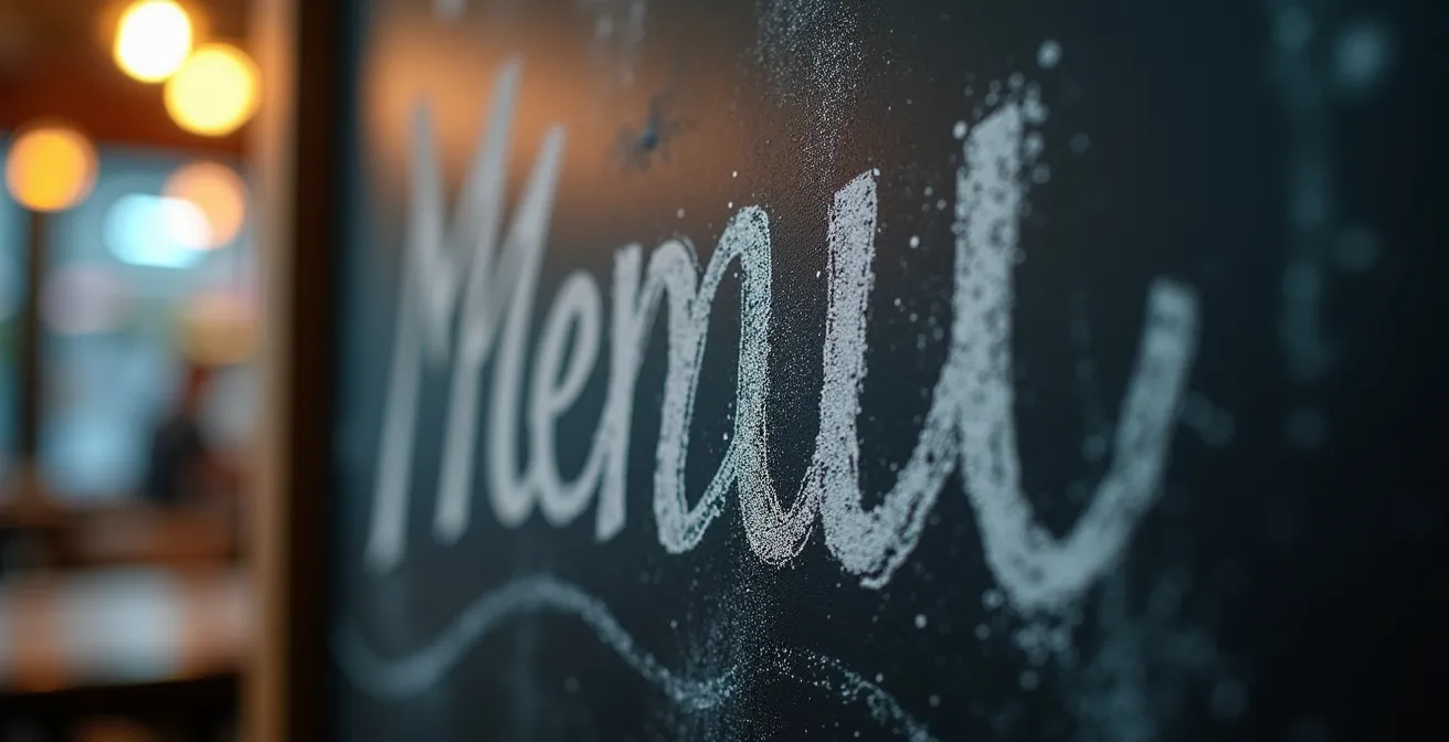 Handgeschriebene Speisekarte auf Kreidetafel in lokalem Restaurant