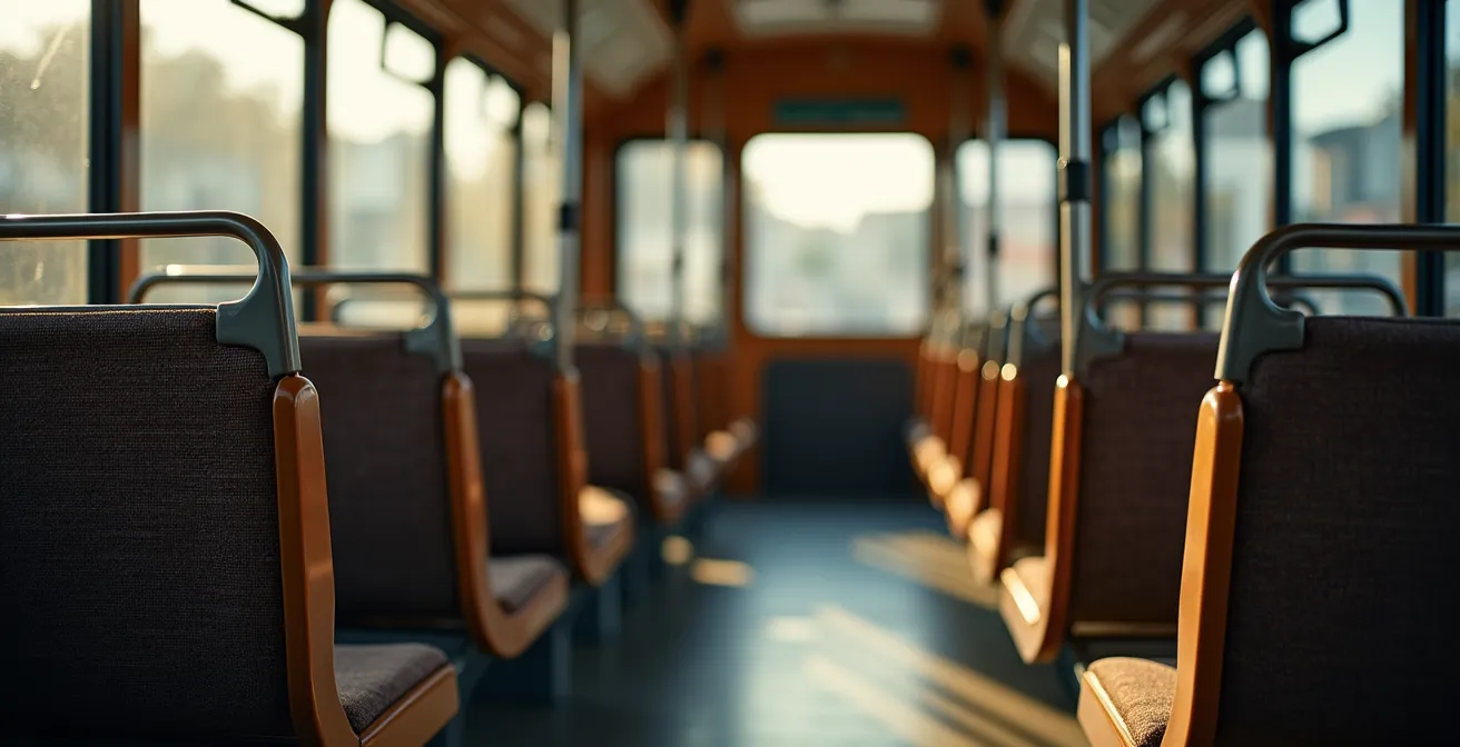Leerer Straßenbahninnenraum mit vielen freien Sitzplätzen am frühen Morgen.