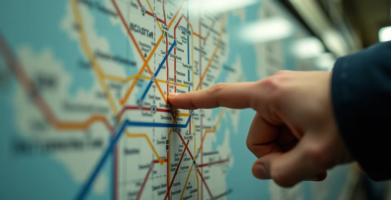 Nahaufnahme einer Hand, die auf einen verschwommenen U-Bahn-Netzplan zeigt