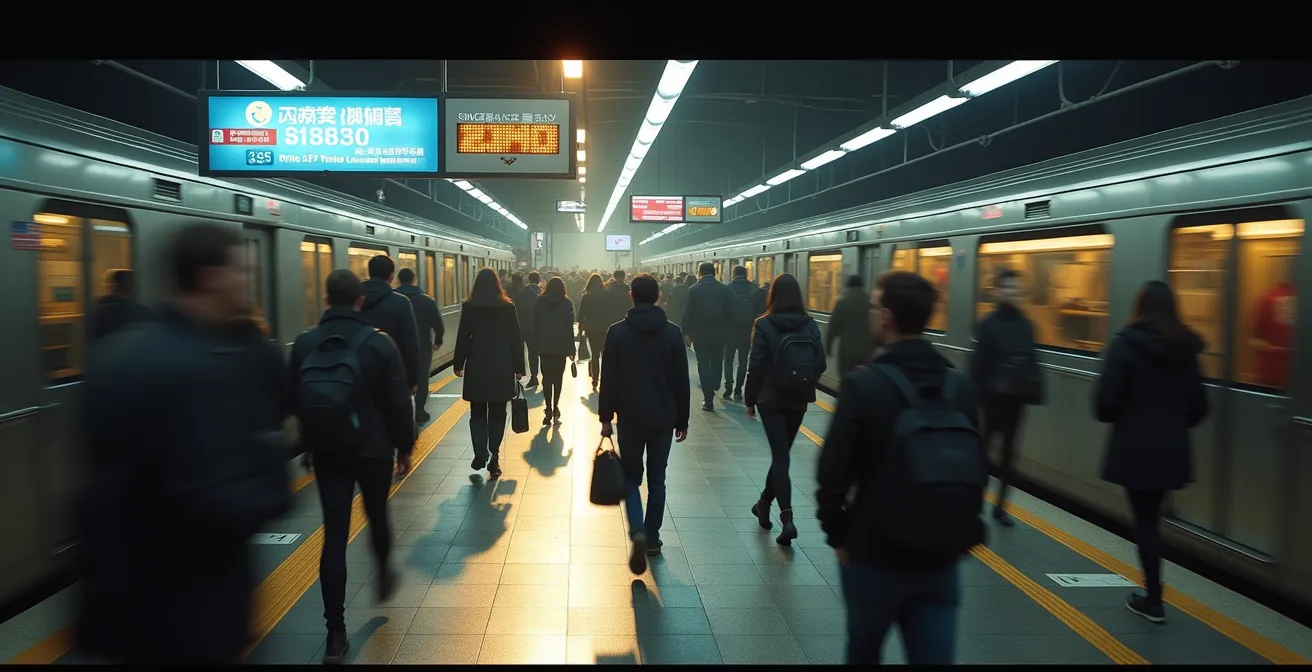 U-Bahn-Bahnsteig mit strategisch verteilten Fahrgästen während der Stoßzeit