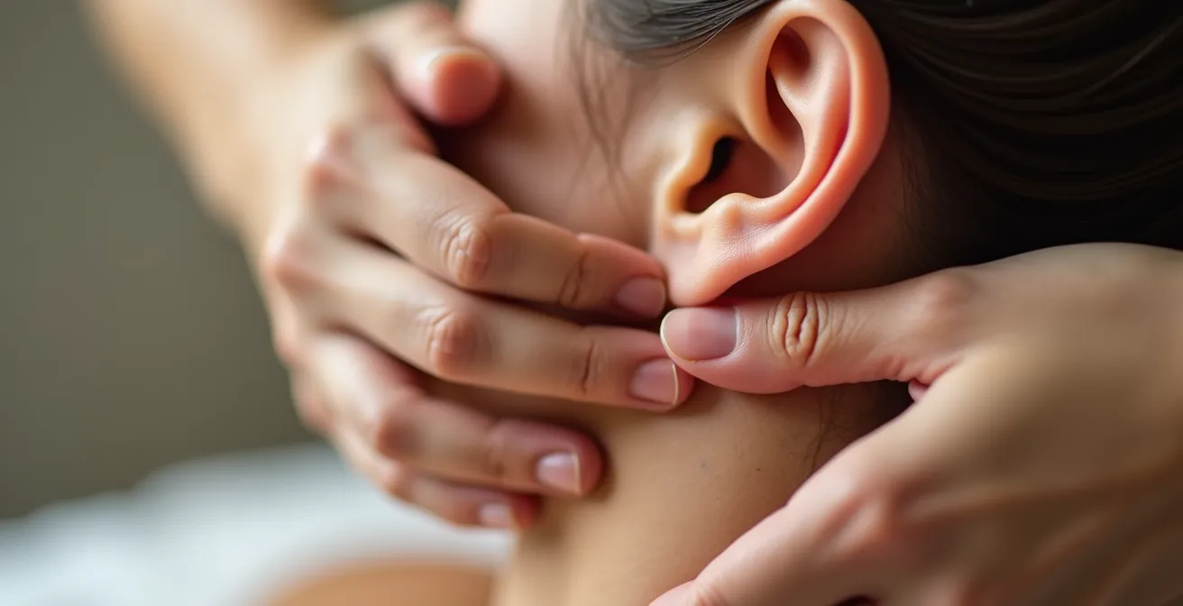 Detailaufnahme von Händen bei einer Vagusnerv-Massageübung hinter dem Ohr