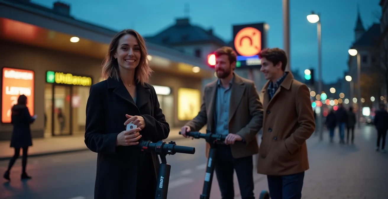 Eine Gruppe junger Leute stellt ihre E-Scooter ordentlich in einer Parkzone ab und geht zu einem U-Bahn-Eingang.