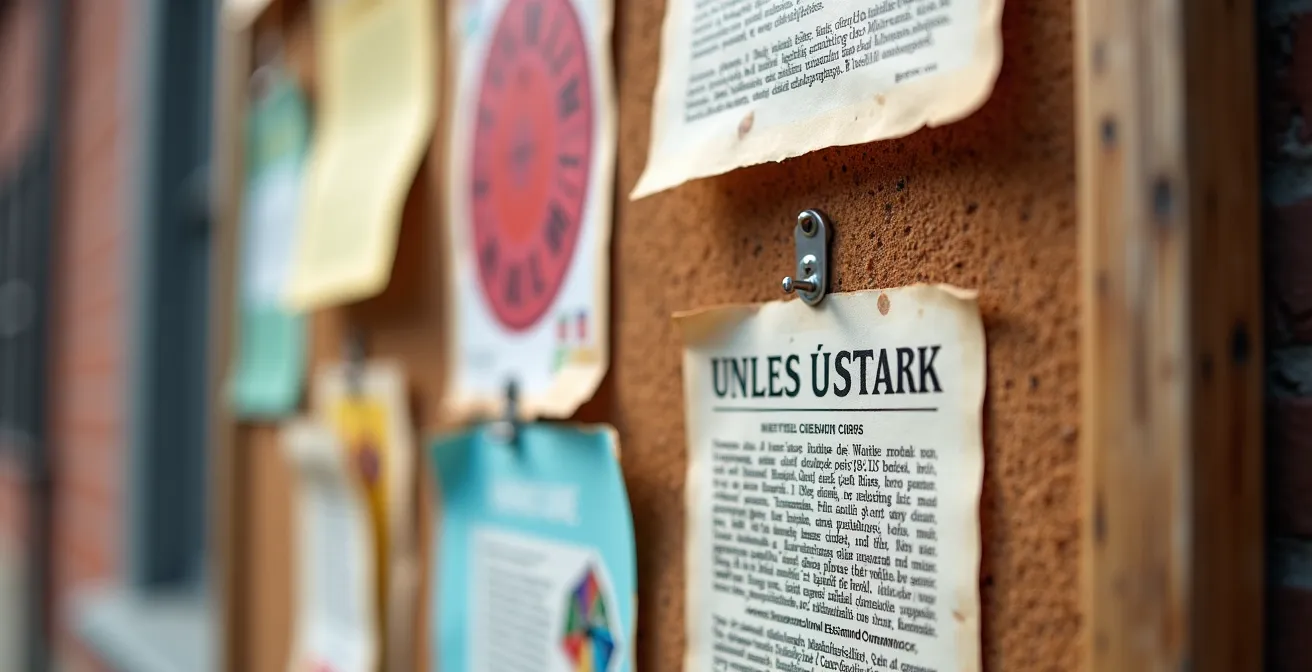 Nahaufnahme eines Schwarzen Bretts vor einem deutschen Vereinshaus mit bunten handgeschriebenen Veranstaltungsankündigungen