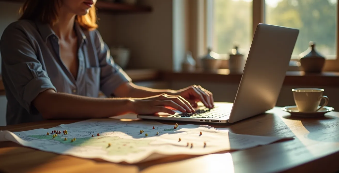 Eine Person recherchiert an einem Holztisch auf einer lokalen Vereinswebseite nach authentischen Festen.