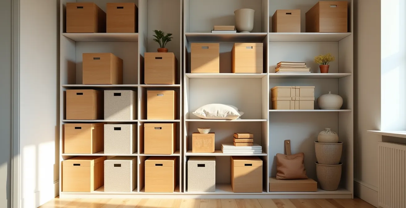 Vertikale Stauraumlösungen vom Boden bis zur Decke in einer kleinen Stadtwohnung, die geometrische Muster bilden.