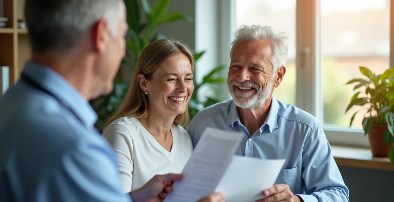 Ein deutsches Paar mittleren Alters in einem Beratungsgespräch nach einer Vorsorgeuntersuchung, das Erleichterung und Zuversicht ausstrahlt.