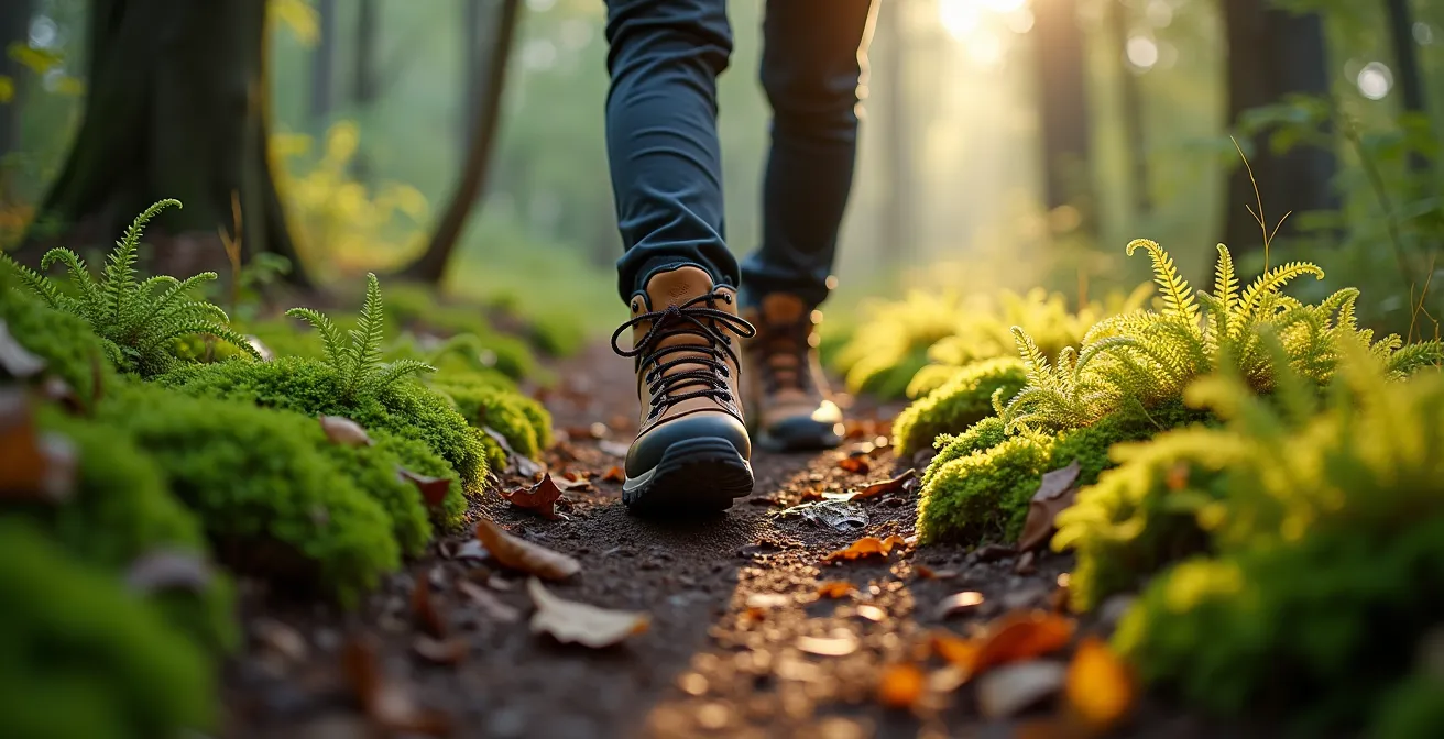 Wanderer auf schmalem Waldpfad mit minimalem ökologischen Fußabdruck