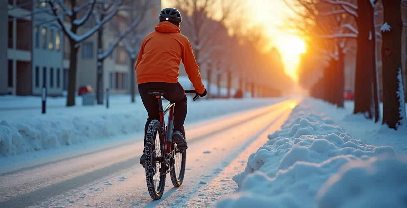 Radfahrer mit Winterausrüstung auf verschneitem Radweg in der Stadt