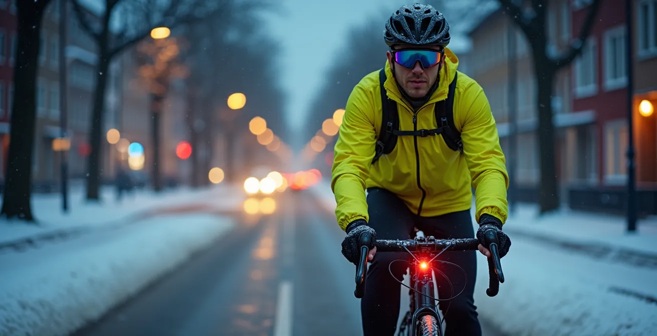Winterausgerüsteter Radfahrer bei Schnee mit reflektierender Kleidung und Beleuchtung