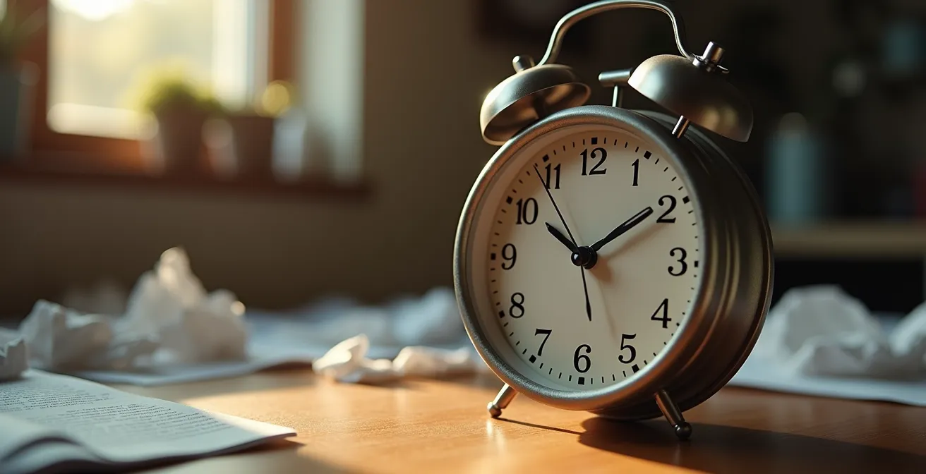 Makroaufnahme eines analogen Weckers mit verschwommenen Papieren im Hintergrund