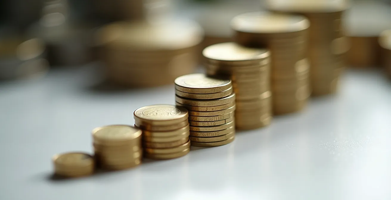 Visualisierung des Zinseszinseffekts, dargestellt durch exponentiell wachsende Stapel von Euro-Münzen.