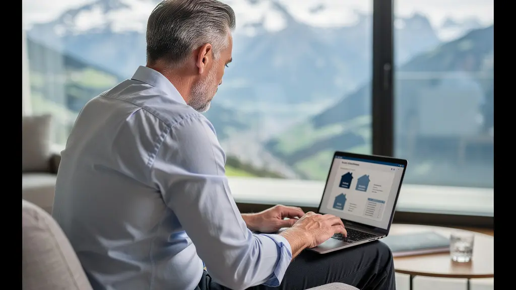 Mann prüft Schweizer Immobilienbewertung am Laptop – Online-Hauswert ermitteln
